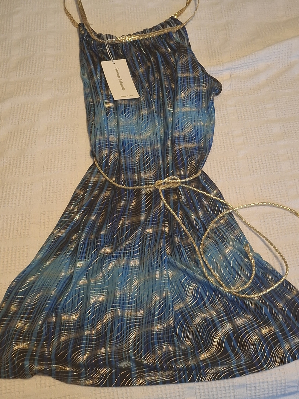 Blue Patterned Halter Top with Gold Rope Detail